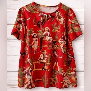 Vintage Cowboy Print Red T-Shirt